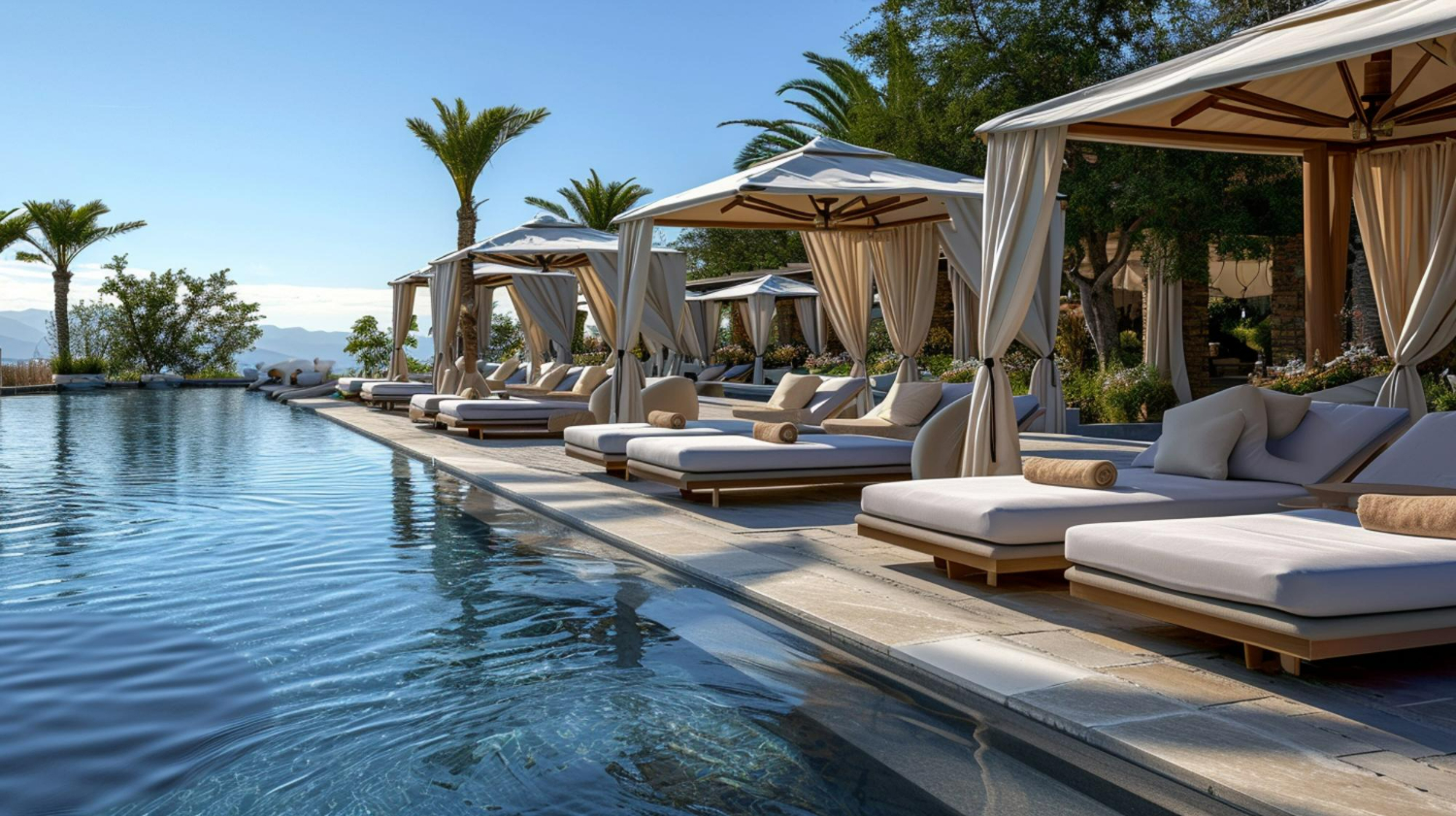 A resort pool edged with stone decking, cushioned daybeds and curtained cabanas.