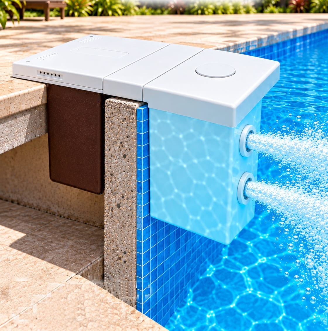Clear water in a pool served by a wall-mounted filtration unit.