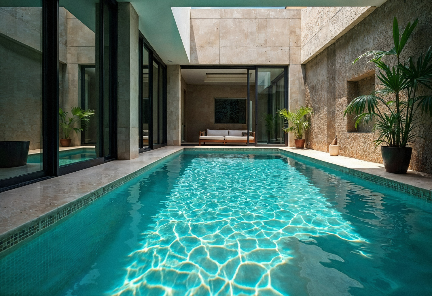 A narrow courtyard pool framed by stone walls and floor-to-ceiling glass.