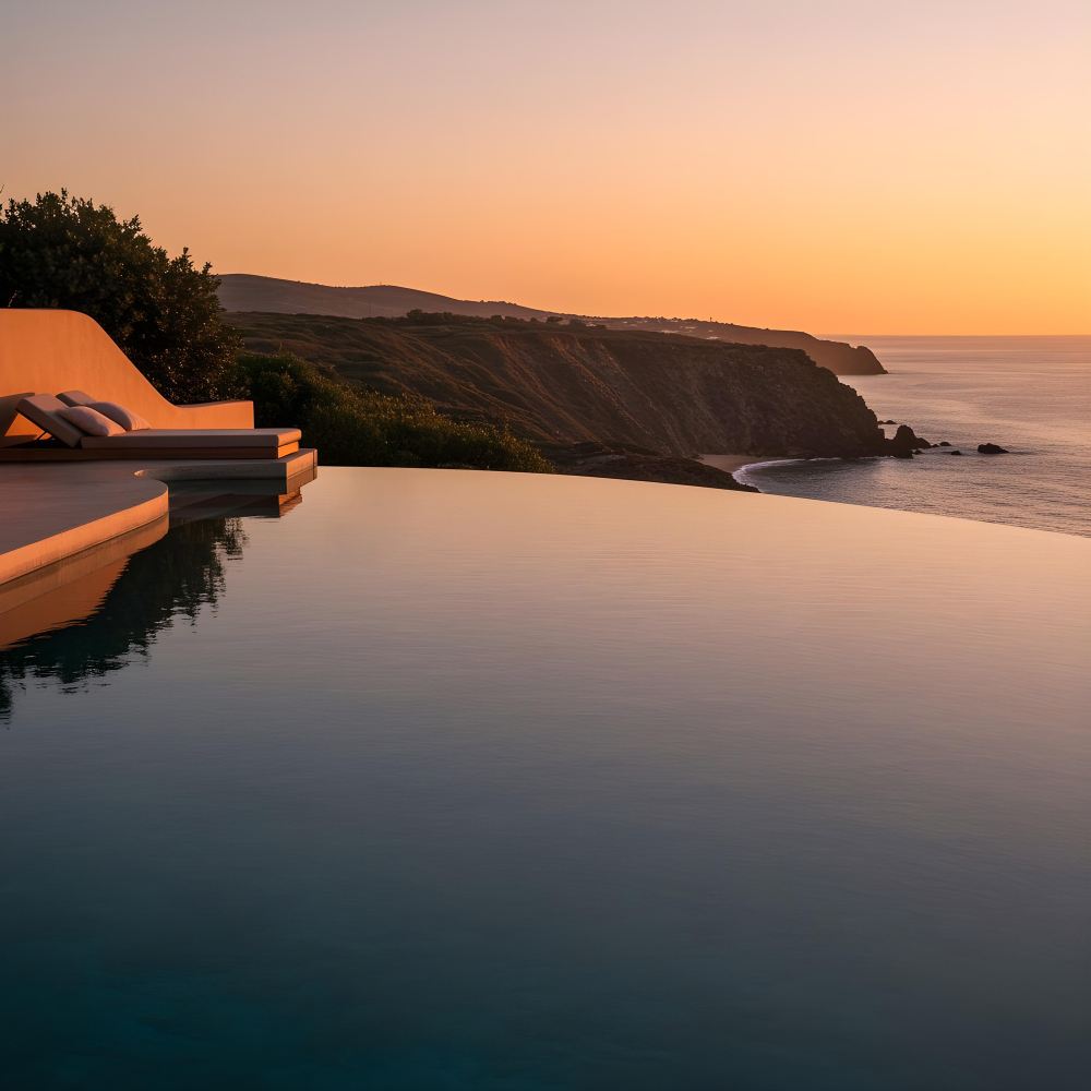 An infinity edge pool whose water line meets the view beyond it.