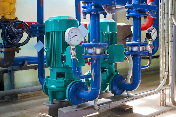 Pumps, valves and pipework in a pool plant room.